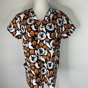 Cassandra O Scrub Top Sz M Halloween Jack-o-lanterns ghost witch haunted house